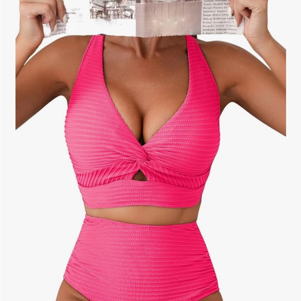 Herseas Pink Ribbed Bikini Set
